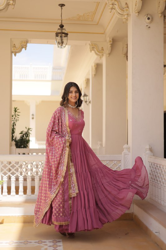 Gorgeous Faux Georgette Sequins Embroidered Gown With Dupatta - INDIAN ELEGANCE
