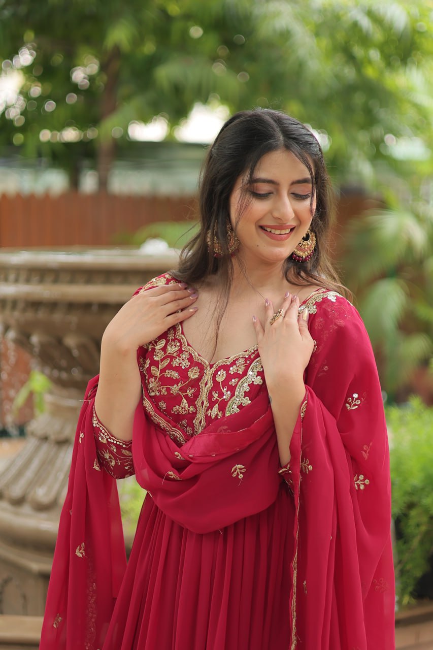Dashing Pink Faux Georgette Sequins Embroidered Gown With Dupatta - INDIAN ELEGANCE