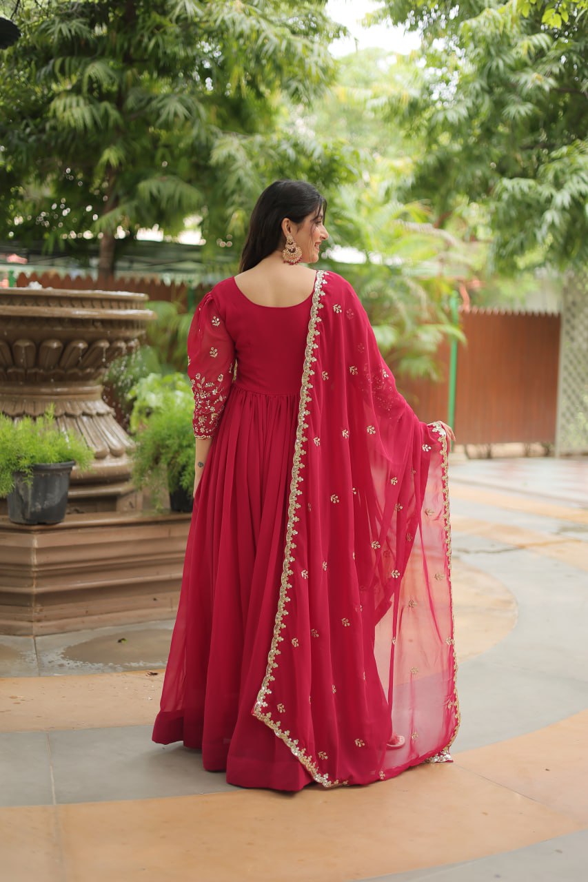 Dashing Pink Faux Georgette Sequins Embroidered Gown With Dupatta - INDIAN ELEGANCE