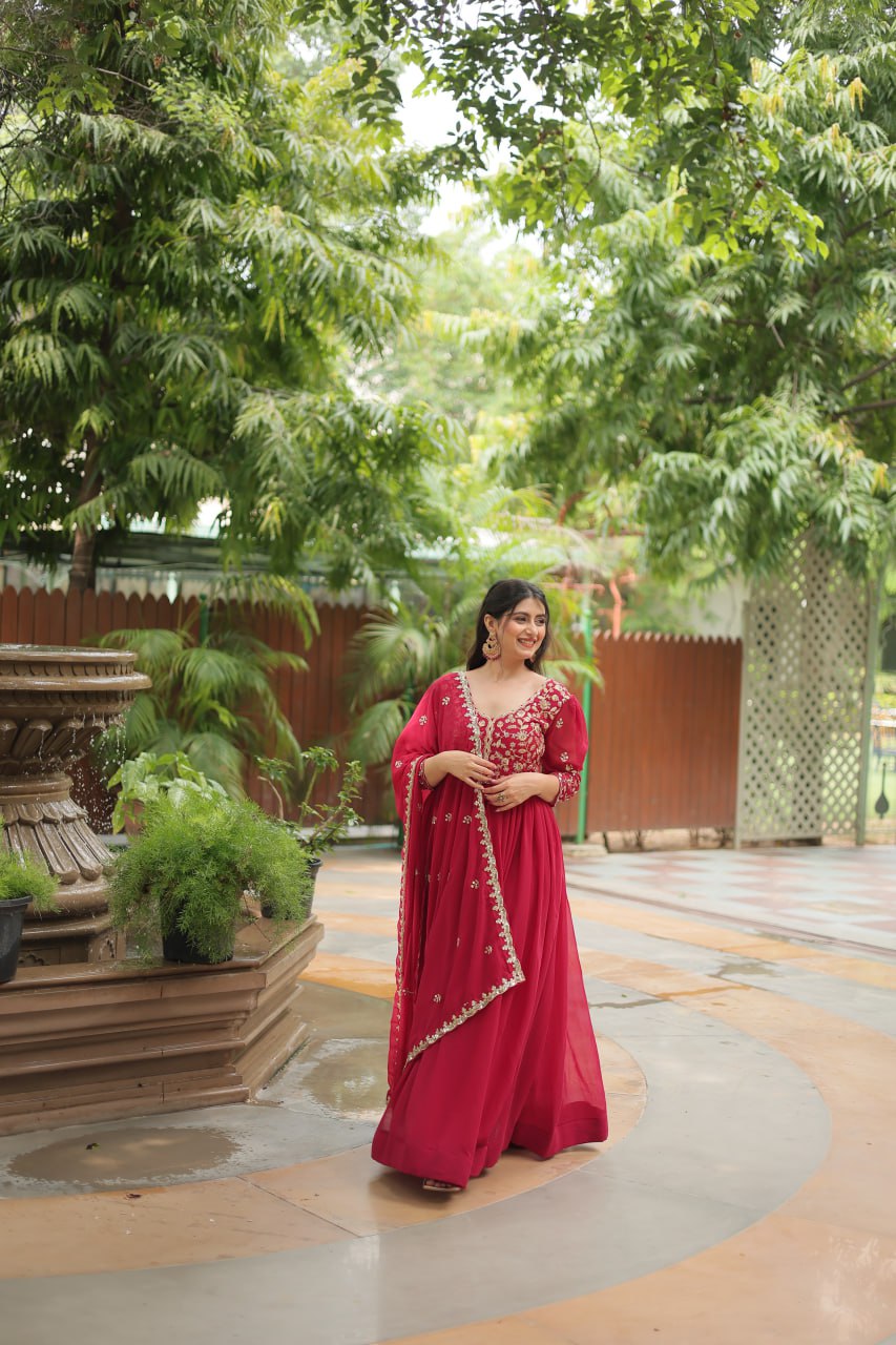 Dashing Pink Faux Georgette Sequins Embroidered Gown With Dupatta - INDIAN ELEGANCE