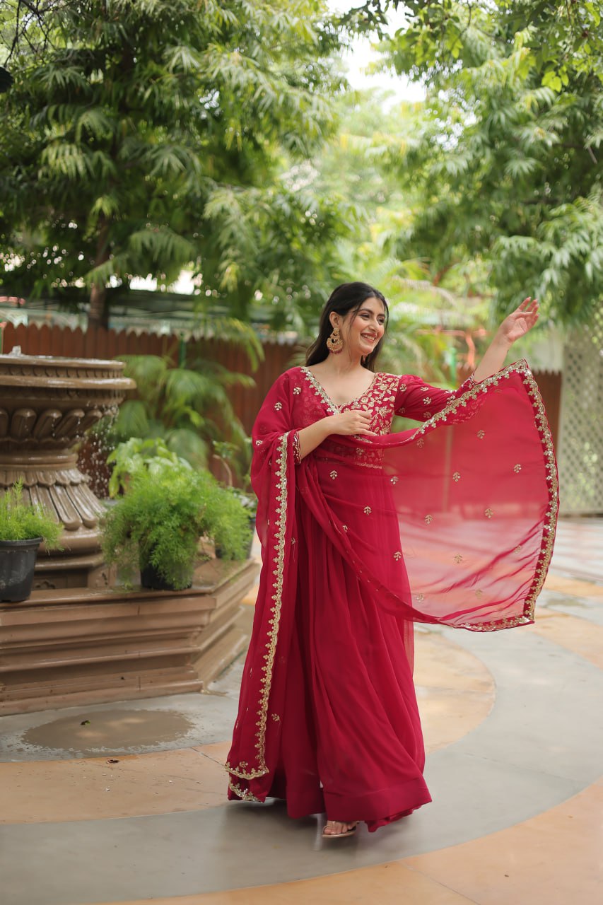 Dashing Pink Faux Georgette Sequins Embroidered Gown With Dupatta - INDIAN ELEGANCE