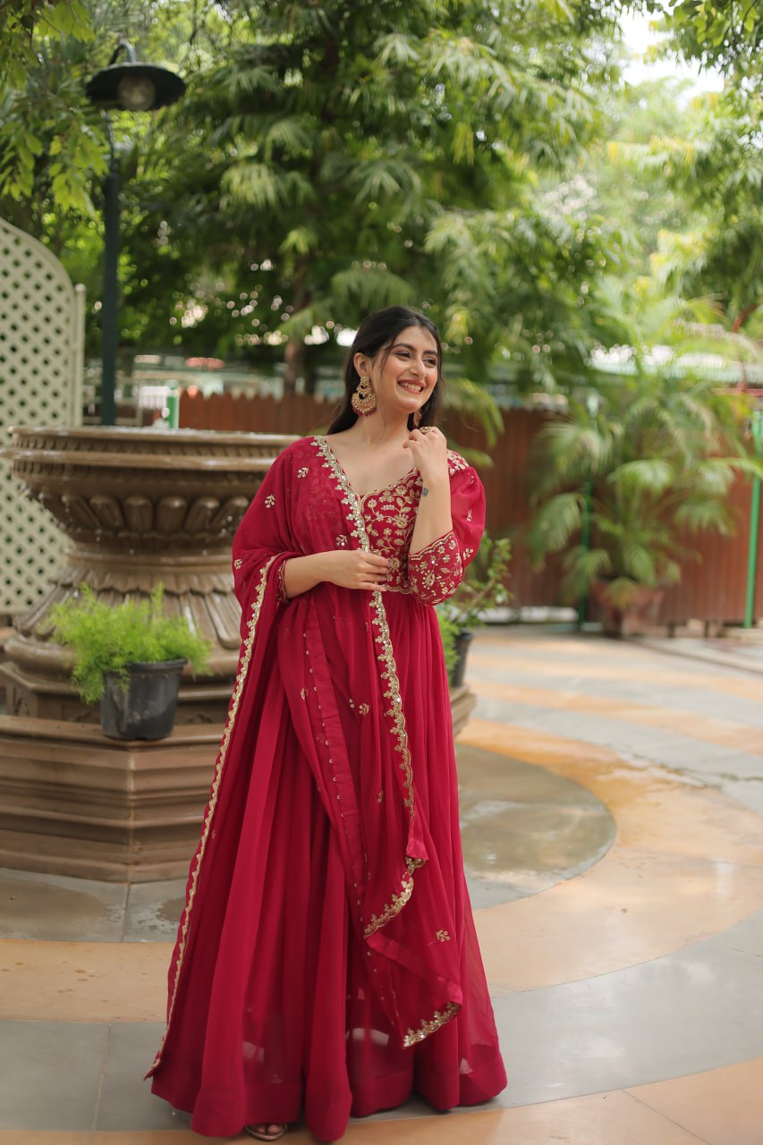 Dashing Pink Faux Georgette Sequins Embroidered Gown With Dupatta - INDIAN ELEGANCE