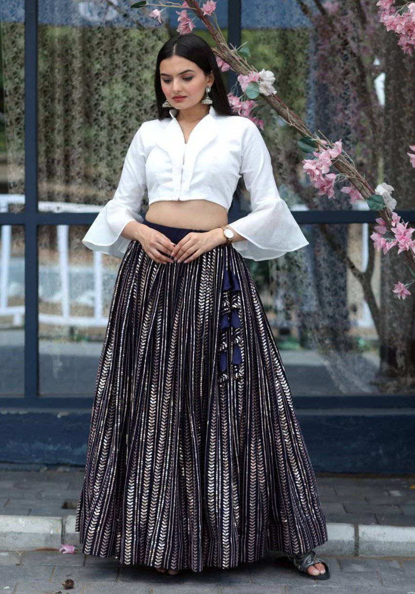 Timeless Black White Faux Georgette Sequins Worked Lehenga Set - INDIAN ELEGANCE