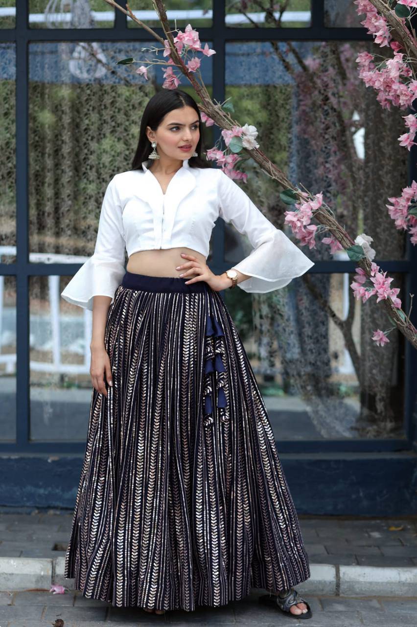 Timeless Black White Faux Georgette Sequins Worked Lehenga Set - INDIAN ELEGANCE