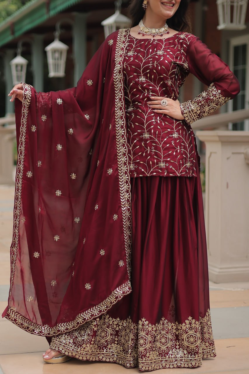 Alluring Rangoli Silk Sequins Thread Worked Top Palazzo Suit - INDIAN ELEGANCE
