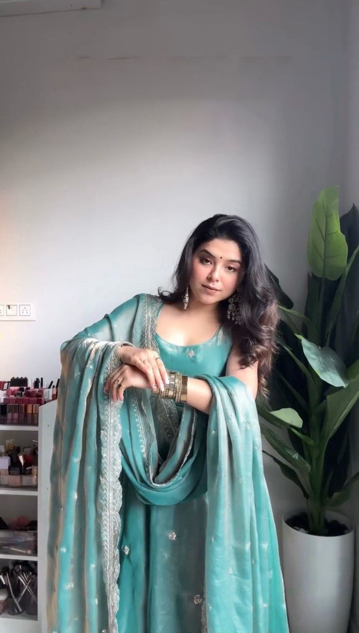 Stylish Cyan Fendy Silk Thread Sequins Worked Anarkali Pant Suit