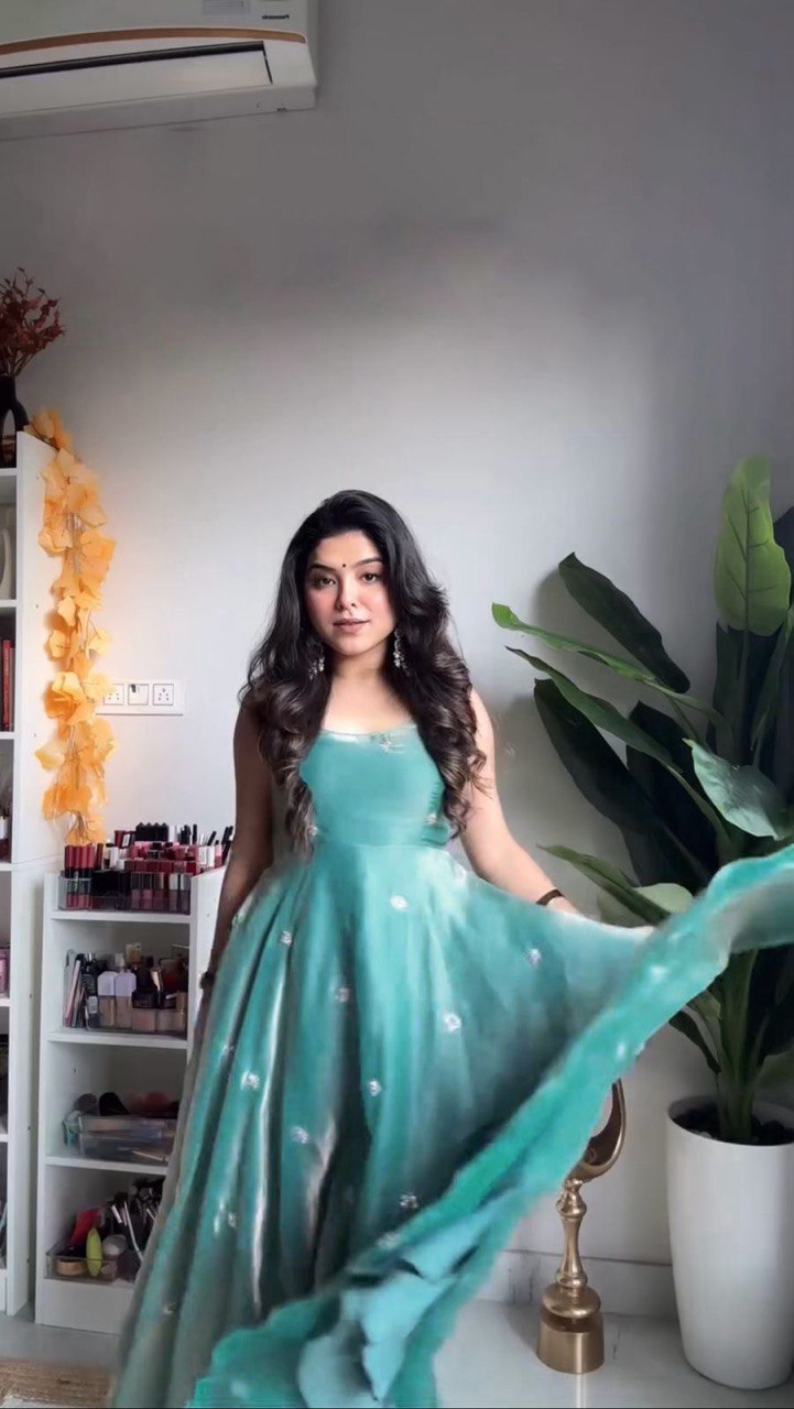 Stylish Cyan Fendy Silk Thread Sequins Worked Anarkali Pant Suit