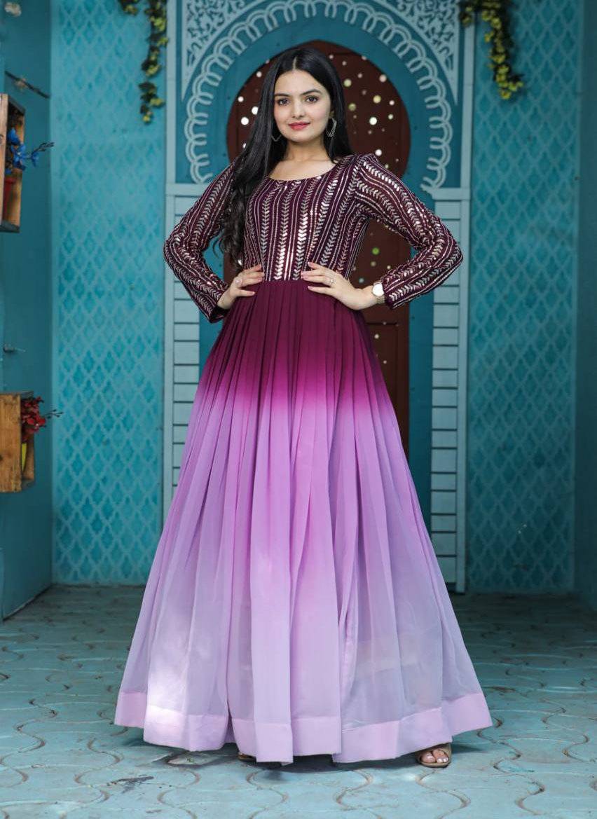 Wine Faux Georgette Sequins Embroidered Shaded Gown - INDIAN ELEGANCE