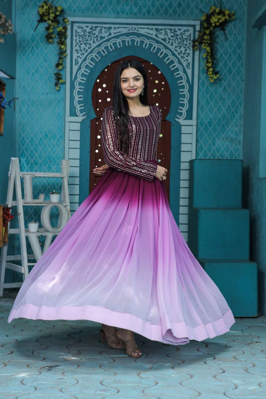 Wine Faux Georgette Sequins Embroidered Shaded Gown - INDIAN ELEGANCE
