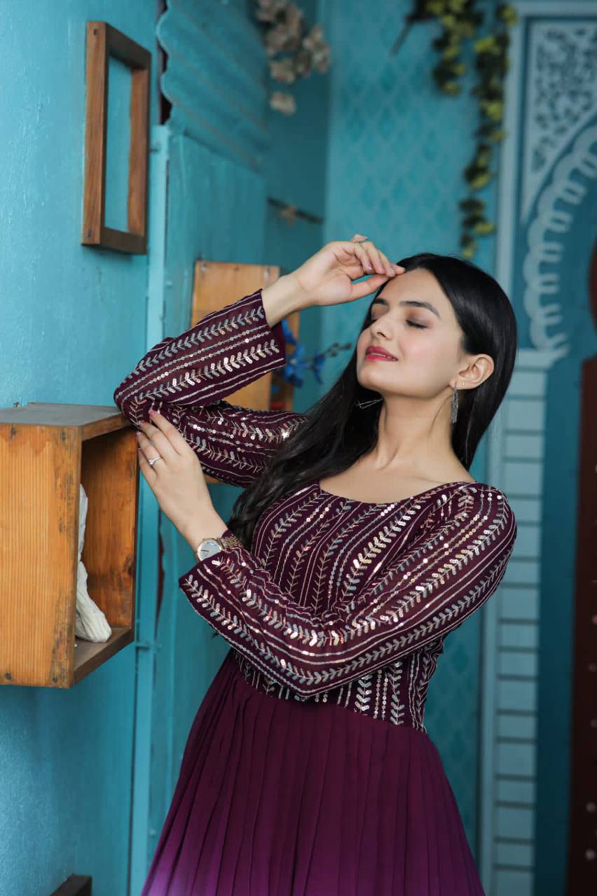 Wine Faux Georgette Sequins Embroidered Shaded Gown - INDIAN ELEGANCE
