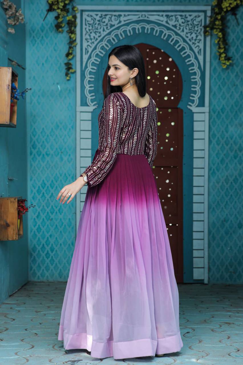 Wine Faux Georgette Sequins Embroidered Shaded Gown - INDIAN ELEGANCE