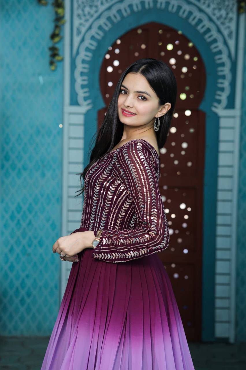 Wine Faux Georgette Sequins Embroidered Shaded Gown - INDIAN ELEGANCE