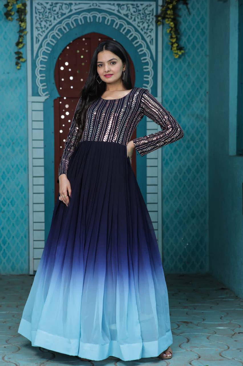 Wine Faux Georgette Sequins Embroidered Shaded Gown - INDIAN ELEGANCE