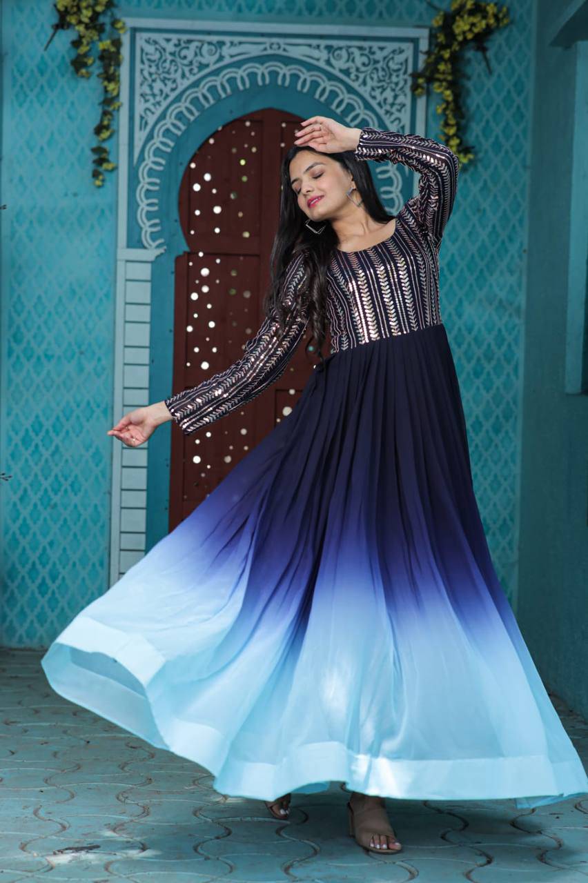Wine Faux Georgette Sequins Embroidered Shaded Gown - INDIAN ELEGANCE