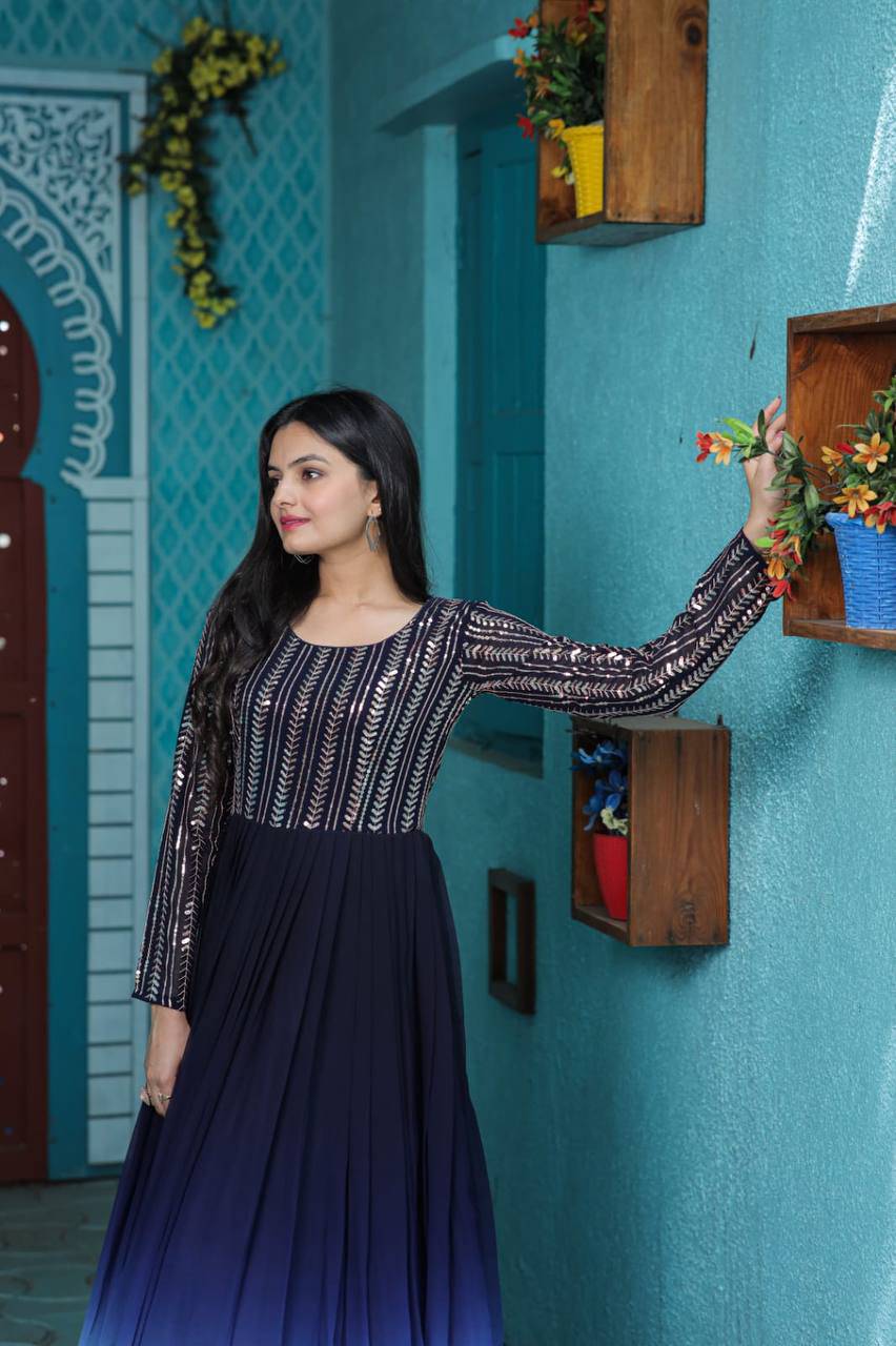 Wine Faux Georgette Sequins Embroidered Shaded Gown - INDIAN ELEGANCE