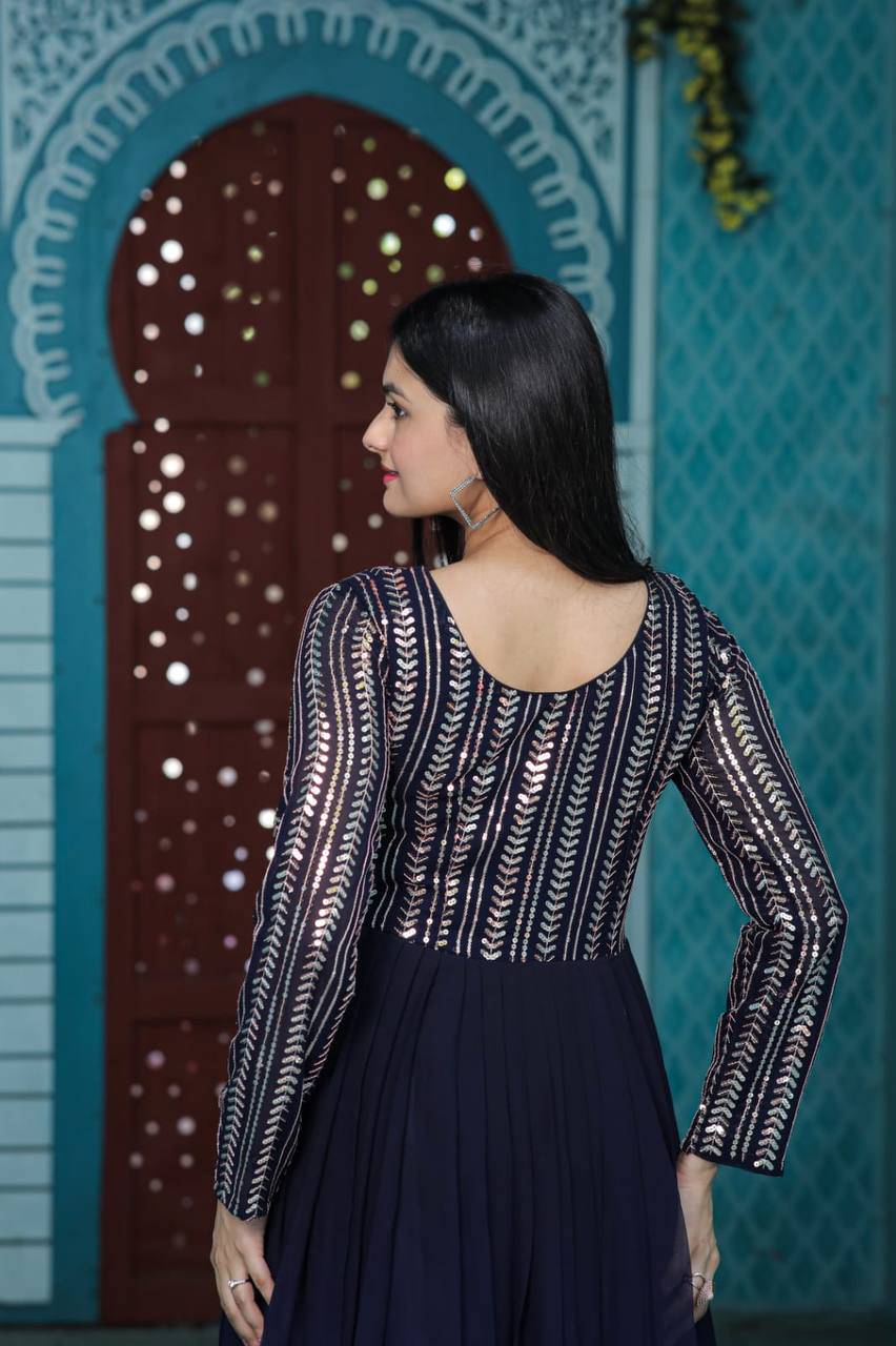 Wine Faux Georgette Sequins Embroidered Shaded Gown - INDIAN ELEGANCE