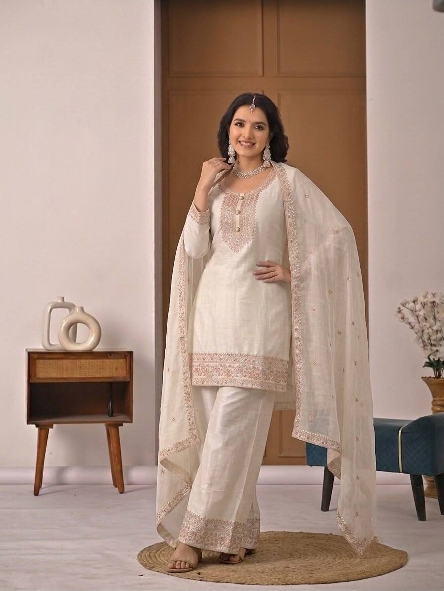 Women's Off White Embroidered Crunchy Silk Kurta Palazzo Set with Dupatta | Designer Festive & Party Wear Suit