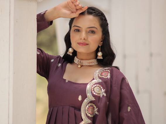 Elegant Rich Sequins Worked Fully Stitched Designer Gown - INDIAN ELEGANCE