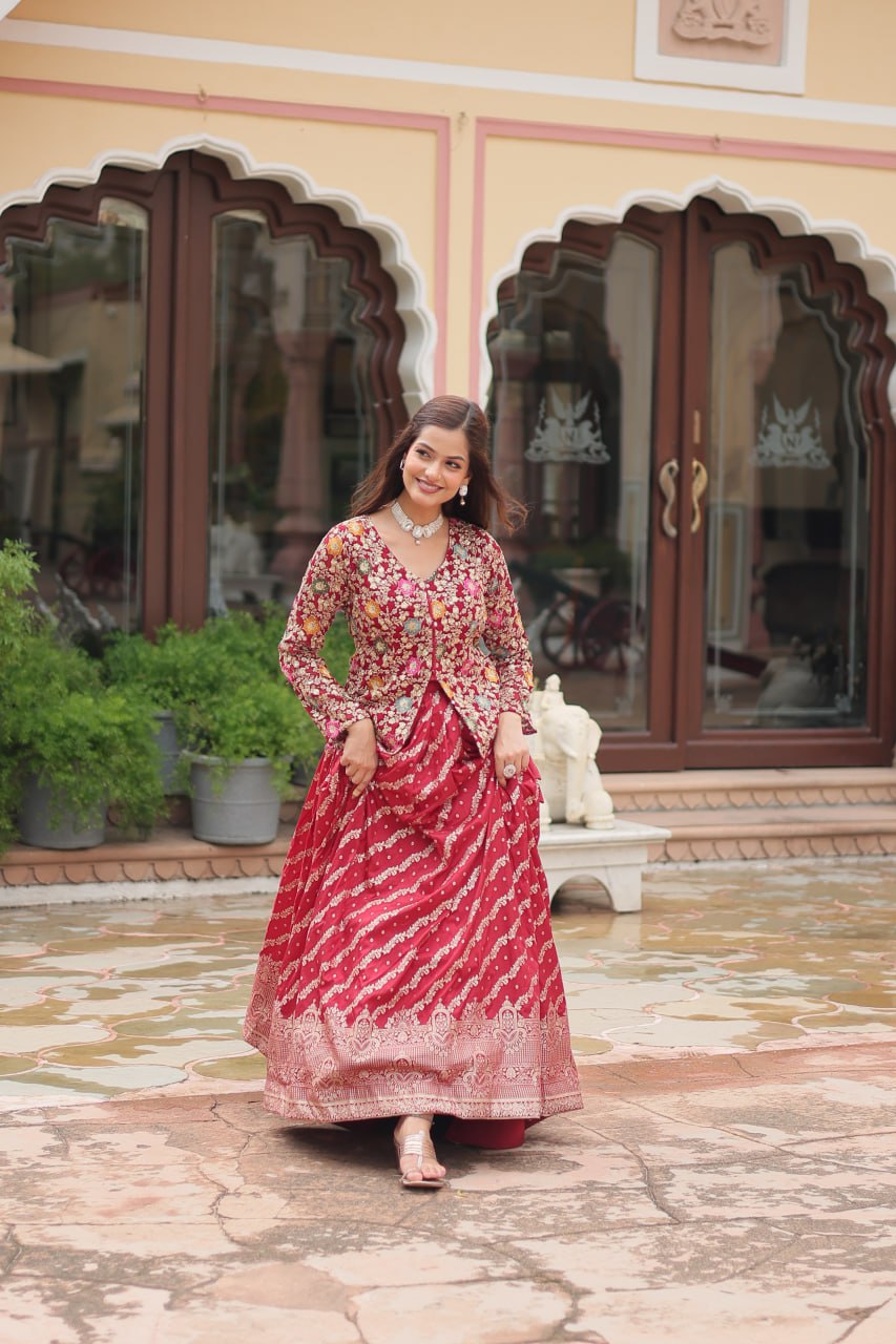 Breathtaking Faux Georgette Sequins Embroidered Top Lehenga Set - INDIAN ELEGANCE