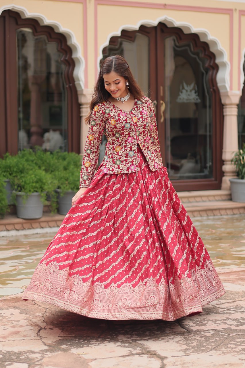 Breathtaking Faux Georgette Sequins Embroidered Top Lehenga Set - INDIAN ELEGANCE
