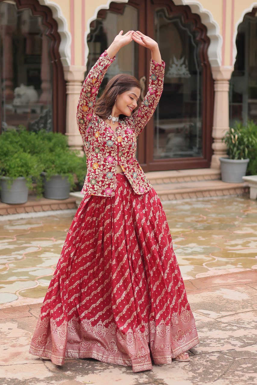 Breathtaking Faux Georgette Sequins Embroidered Top Lehenga Set - INDIAN ELEGANCE