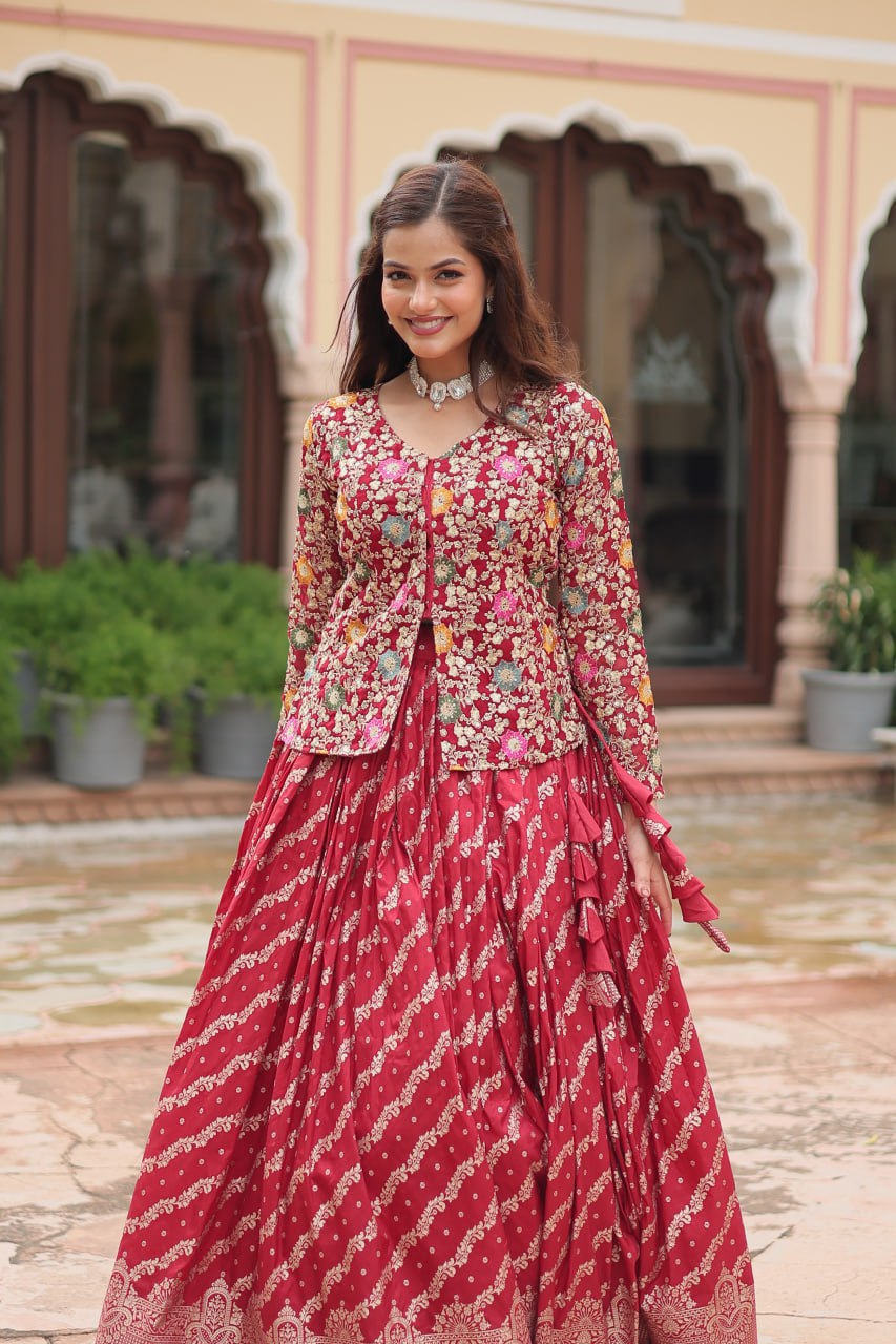 Breathtaking Faux Georgette Sequins Embroidered Top Lehenga Set - INDIAN ELEGANCE