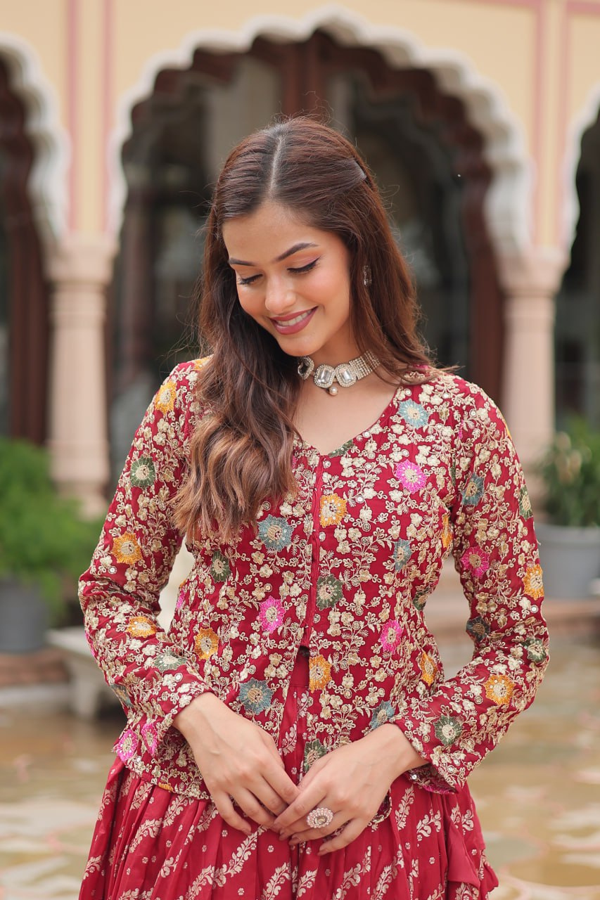Breathtaking Faux Georgette Sequins Embroidered Top Lehenga Set - INDIAN ELEGANCE