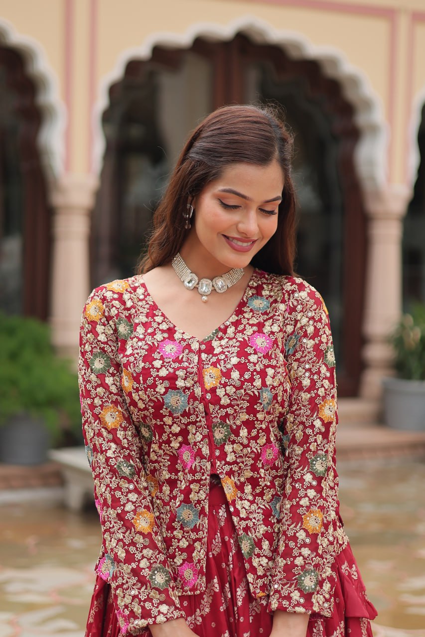 Breathtaking Faux Georgette Sequins Embroidered Top Lehenga Set - INDIAN ELEGANCE