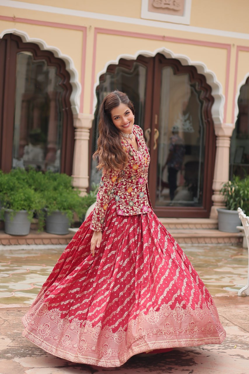 Breathtaking Faux Georgette Sequins Embroidered Top Lehenga Set - INDIAN ELEGANCE