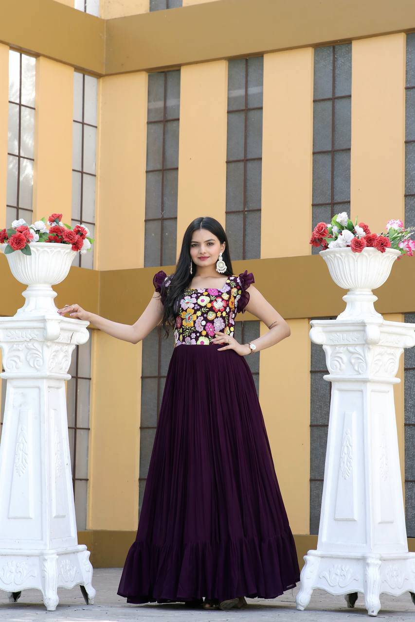 Gentle Faux Georgette Sequins Embroidered Fully Stitched Gown - INDIAN ELEGANCE
