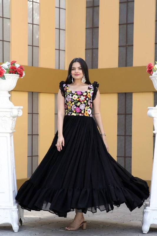 Gentle Faux Georgette Sequins Embroidered Fully Stitched Gown - INDIAN ELEGANCE