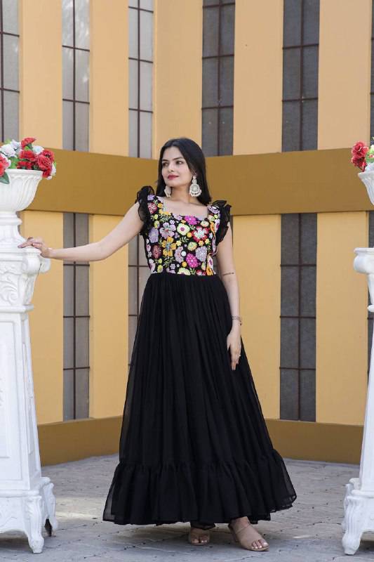Gentle Faux Georgette Sequins Embroidered Fully Stitched Gown - INDIAN ELEGANCE