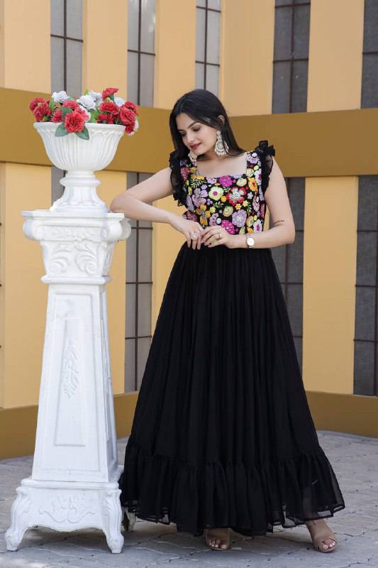 Gentle Faux Georgette Sequins Embroidered Fully Stitched Gown - INDIAN ELEGANCE