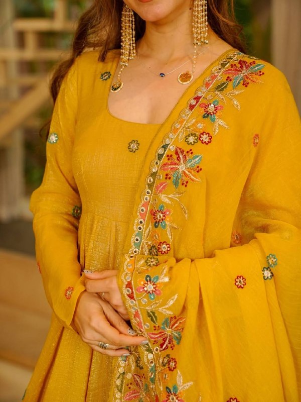 Mustard Yellow Anarkali sharara set with Dupatta – Heavy Crepe Embroidered Party Wear Suit for Women | Sangeet, Wedding, Farewell, Festive Wear 2026