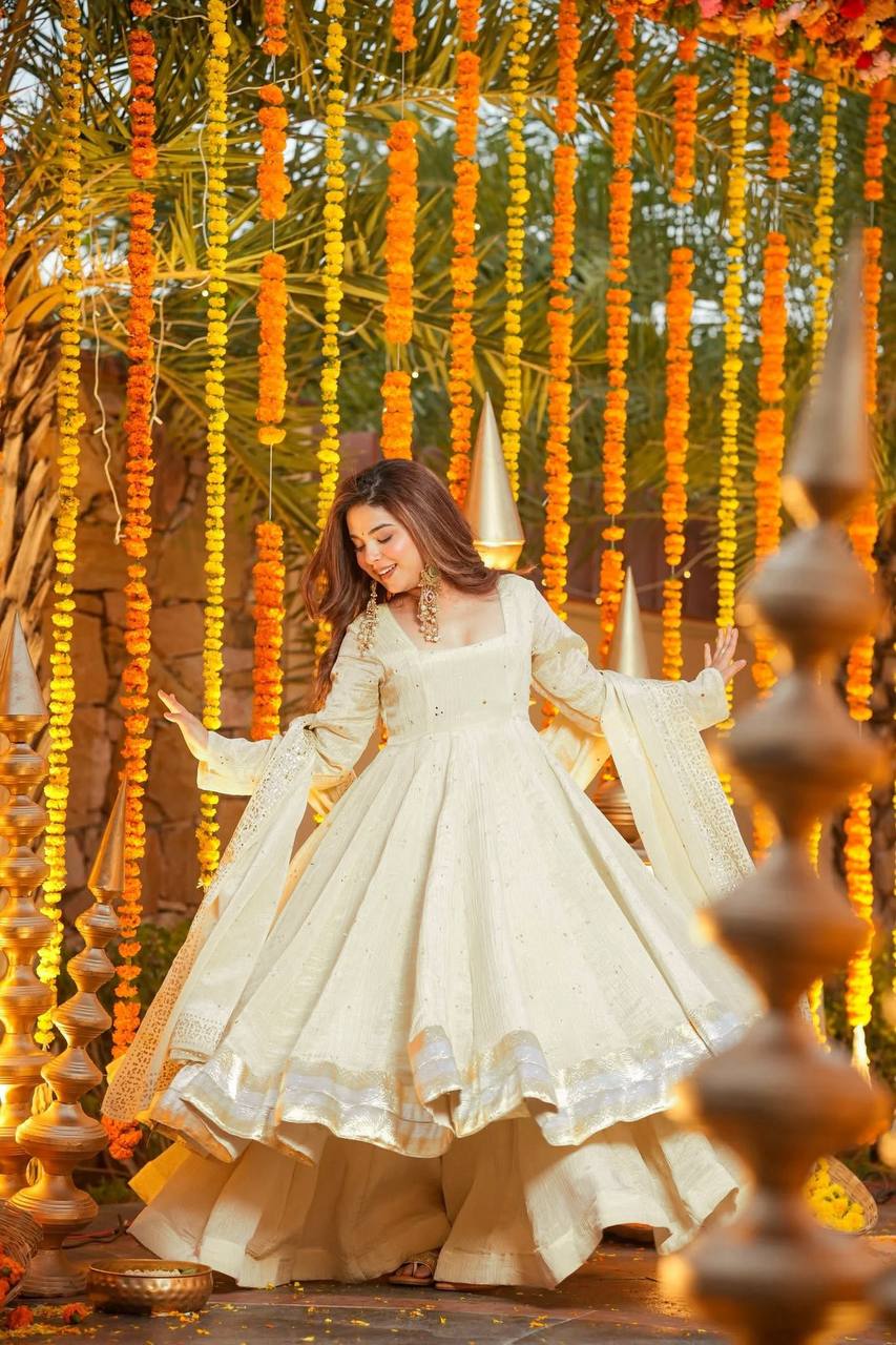 Wedding & Sangeet Wear Ivory Heavy Chinnon Silk Gown sharara Set with Mukesh Work Dupatta