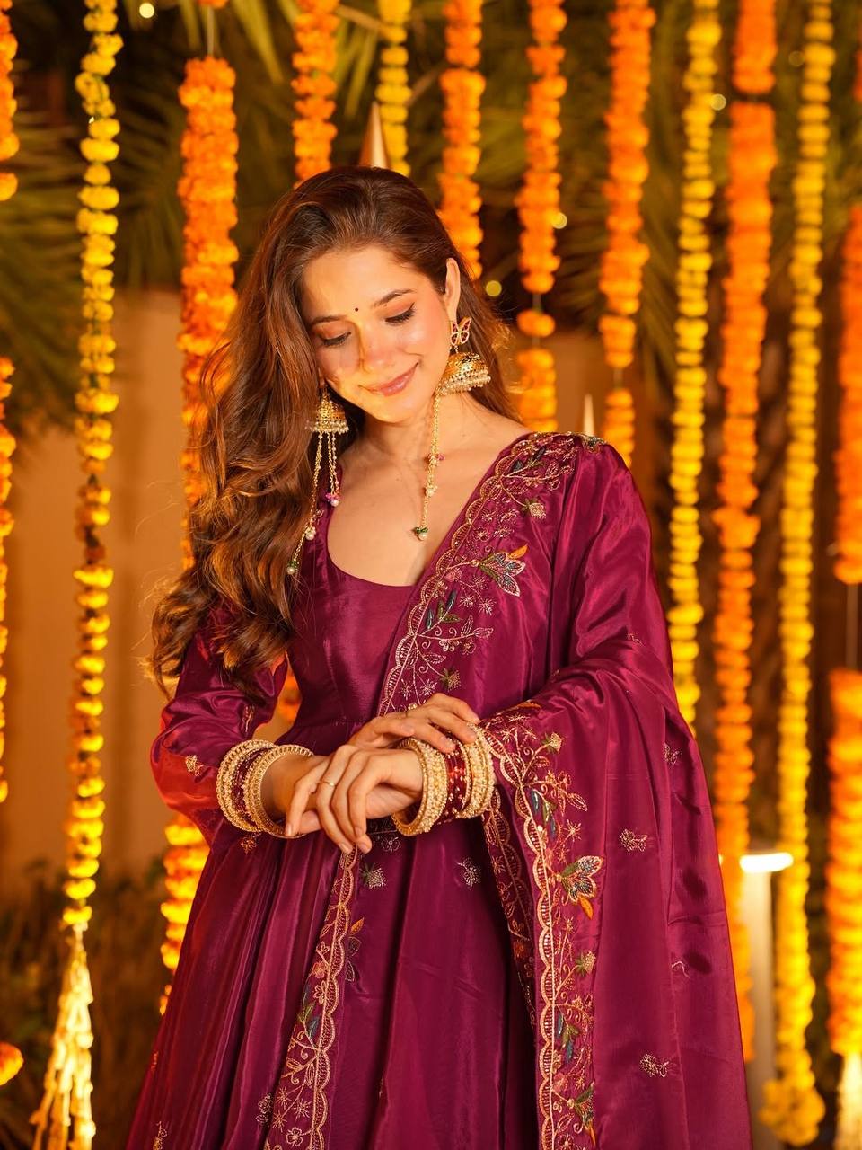 Wedding Wear Wine Maroon Embroidered Crepe Silk Anarkali sharara set with & Dupatta