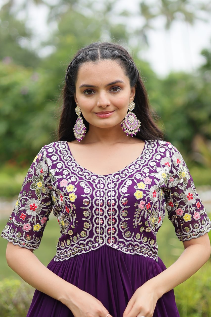 Winsome Faux Georgette Zari Sequins Worked Designer Gown - INDIAN ELEGANCE