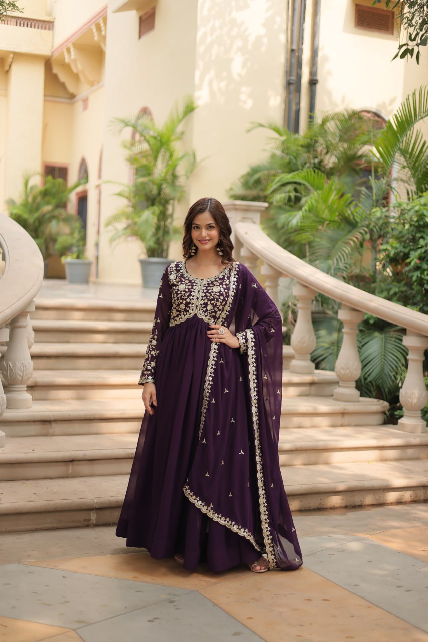 Breathtaking Faux Georgette Sequins Zari Worked Designer Gown - INDIAN ELEGANCE