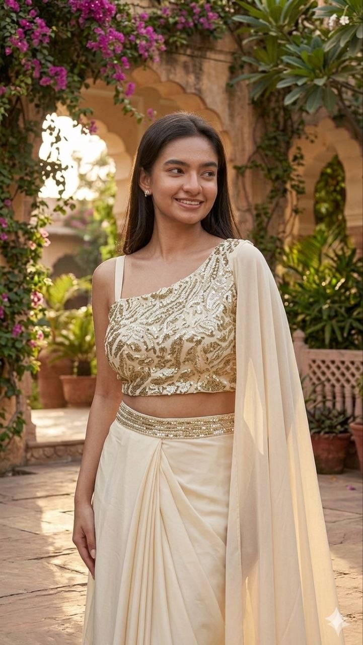 Ready to Wear Saree for Women – Ivory Sequin Embroidered Dhoti Style Saree with Stitched Blouse | Modern Party Wear Saree for Farewell, Sangeet, Wedding & Reception
