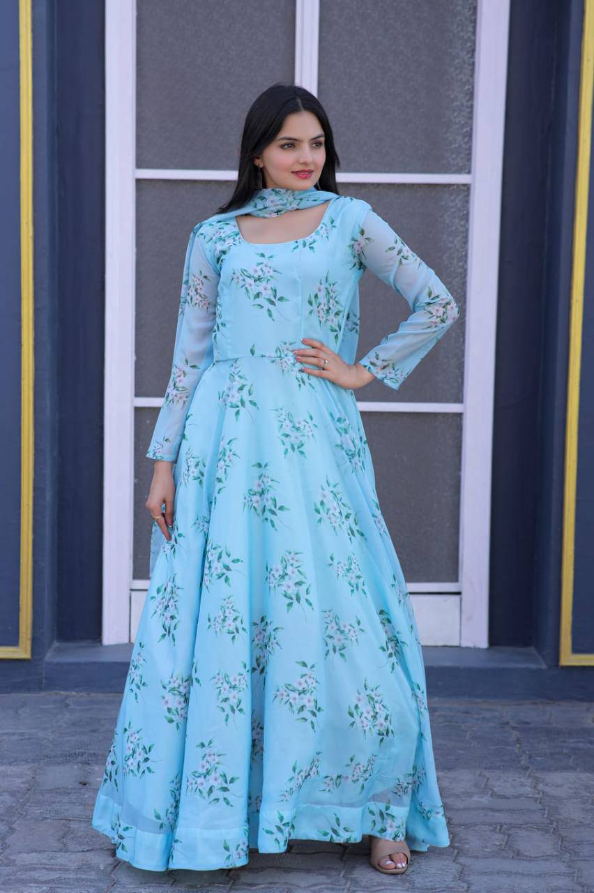 Winsome Sky Blue Floral Printed Tabby Silk Gown With Dupatta - INDIAN ELEGANCE