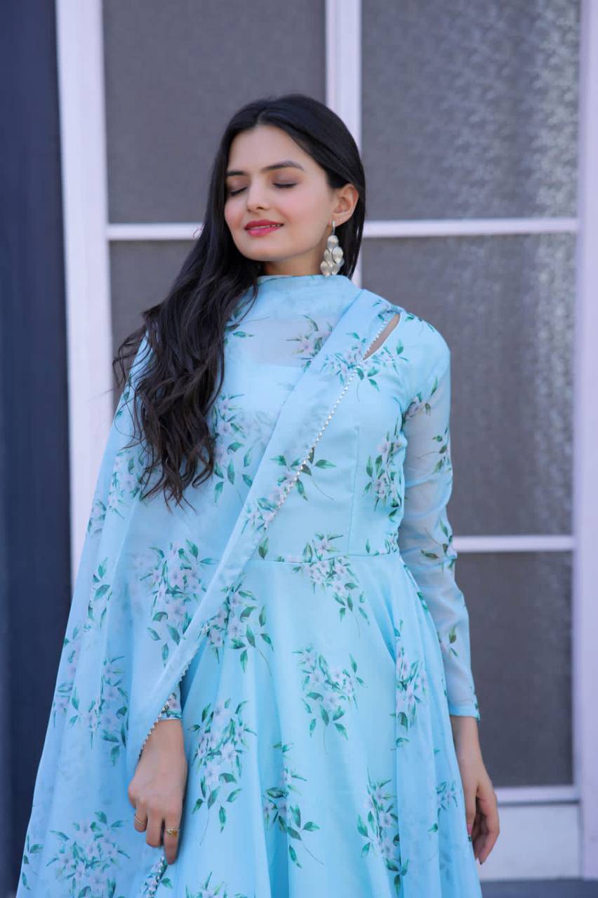 Winsome Sky Blue Floral Printed Tabby Silk Gown With Dupatta - INDIAN ELEGANCE
