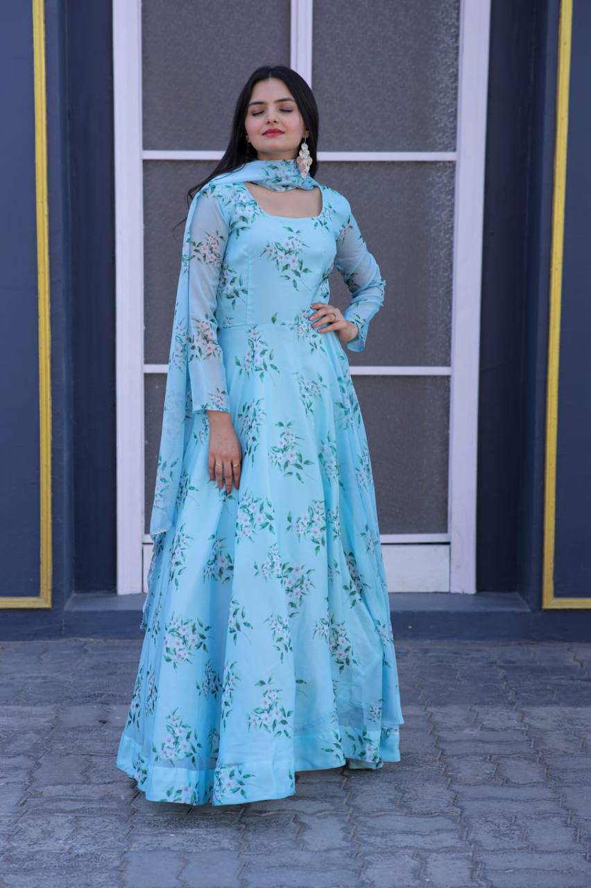 Winsome Sky Blue Floral Printed Tabby Silk Gown With Dupatta - INDIAN ELEGANCE