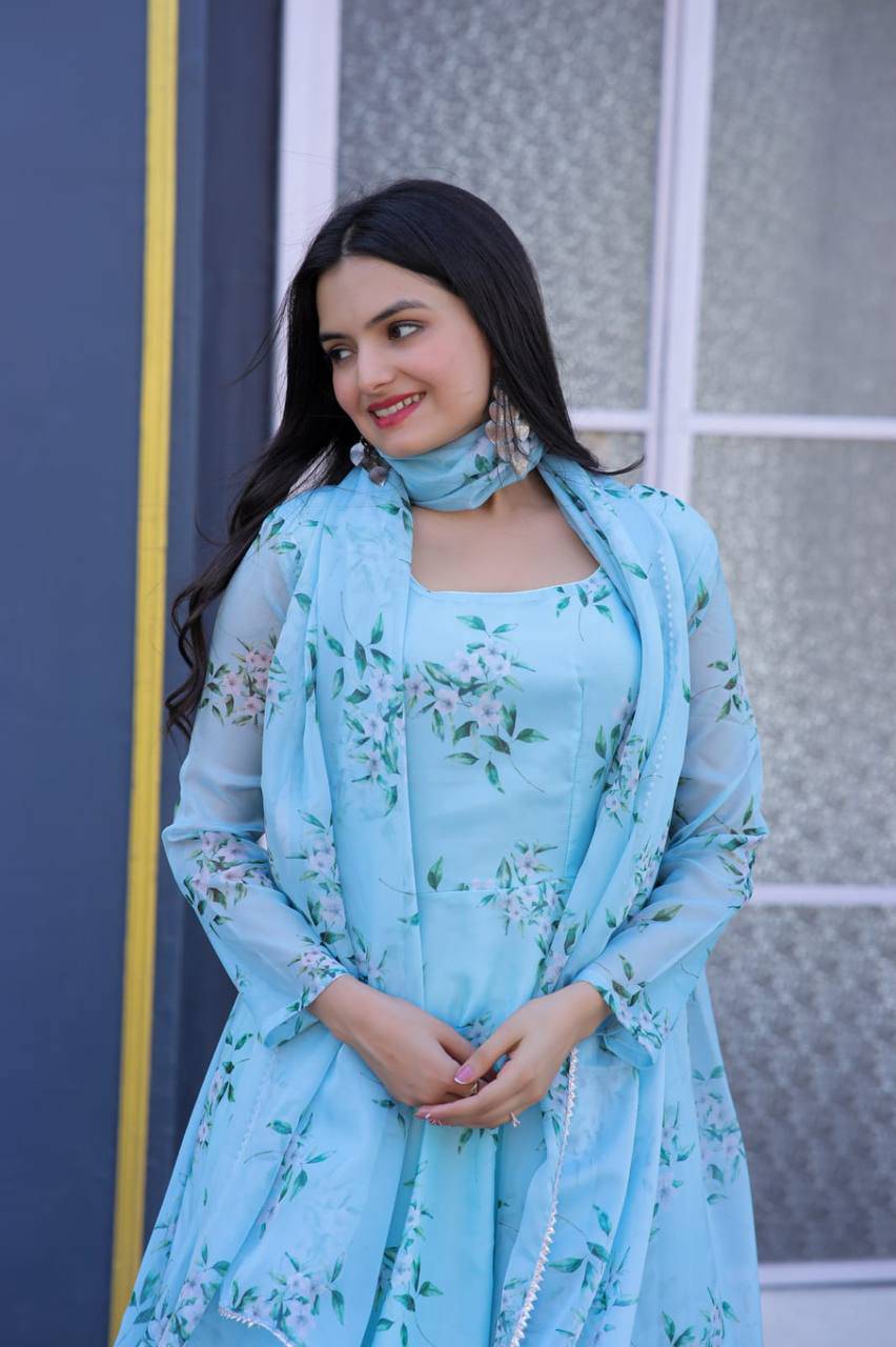 Winsome Sky Blue Floral Printed Tabby Silk Gown With Dupatta - INDIAN ELEGANCE