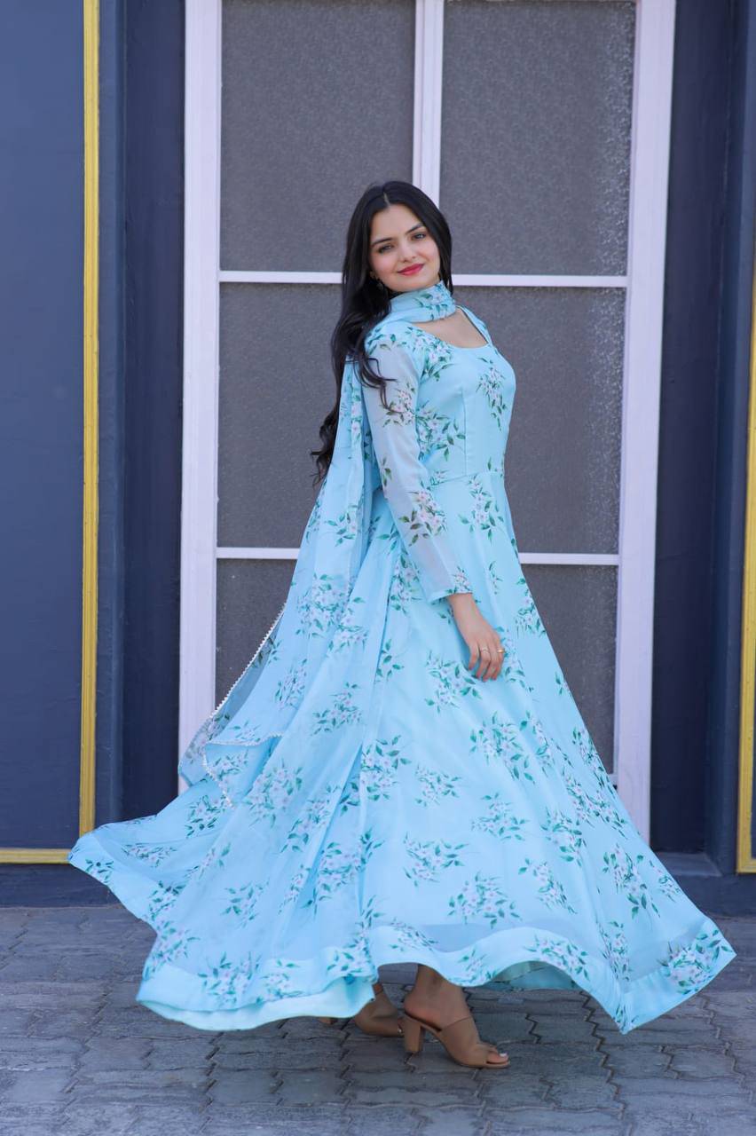 Winsome Sky Blue Floral Printed Tabby Silk Gown With Dupatta - INDIAN ELEGANCE