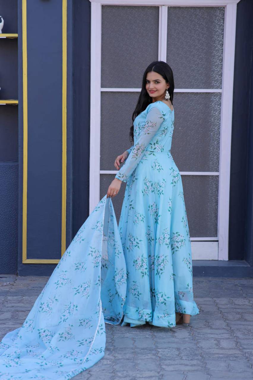 Winsome Sky Blue Floral Printed Tabby Silk Gown With Dupatta - INDIAN ELEGANCE
