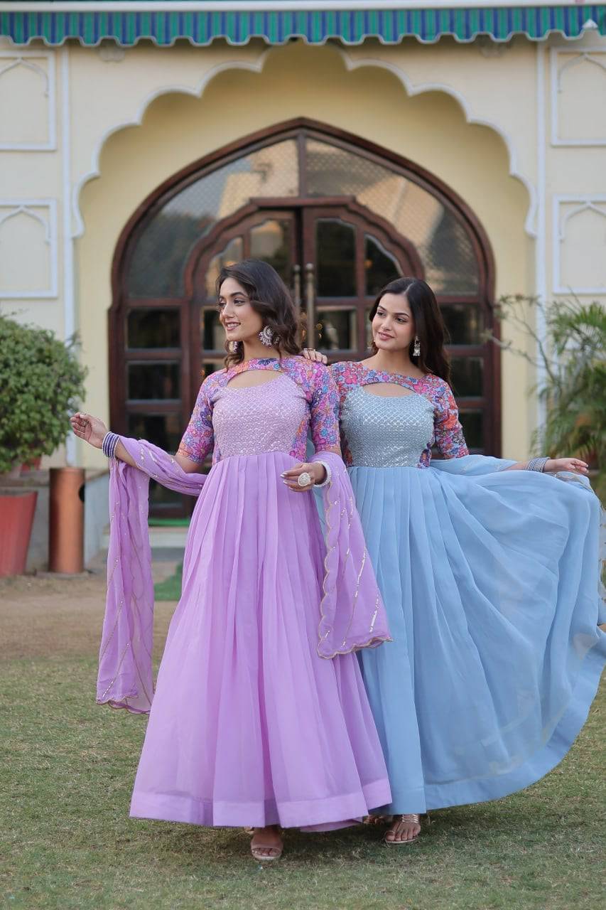 Whimsical Faux Georgette Rich Floral Printed Gown - INDIAN ELEGANCE