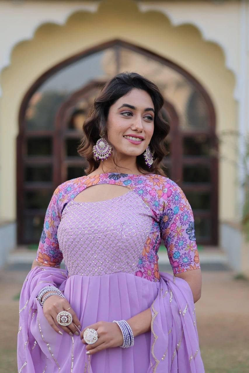 Whimsical Faux Georgette Rich Floral Printed Gown - INDIAN ELEGANCE
