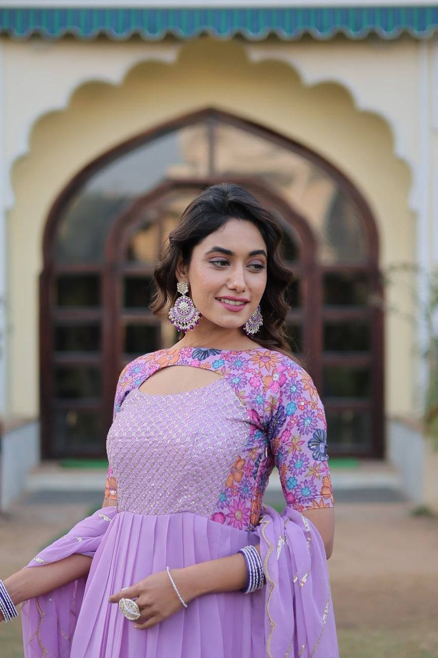 Whimsical Faux Georgette Rich Floral Printed Gown - INDIAN ELEGANCE
