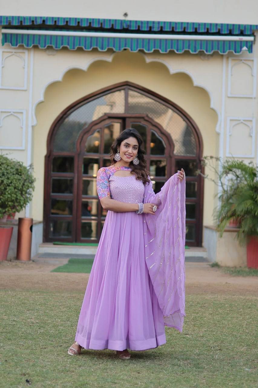 Whimsical Faux Georgette Rich Floral Printed Gown - INDIAN ELEGANCE