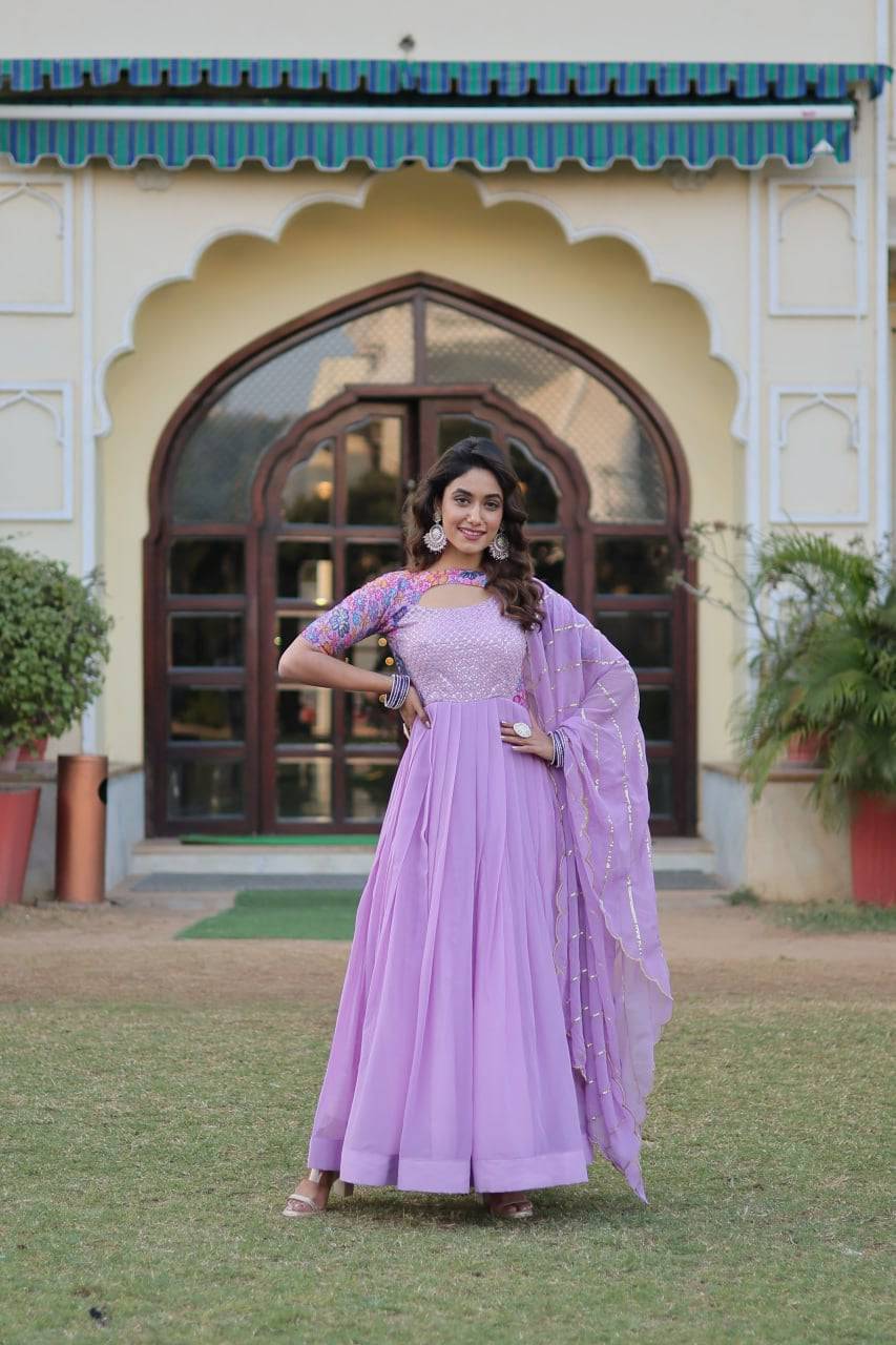 Whimsical Faux Georgette Rich Floral Printed Gown - INDIAN ELEGANCE